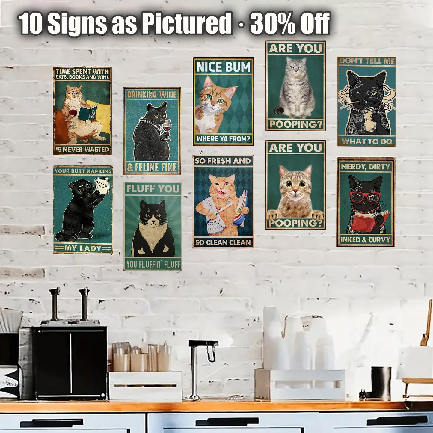 Funny Cat Wall Art Set – 8x12 Inch Vintage Metal Signs (1/3/6/10 Pieces)#ZH2018