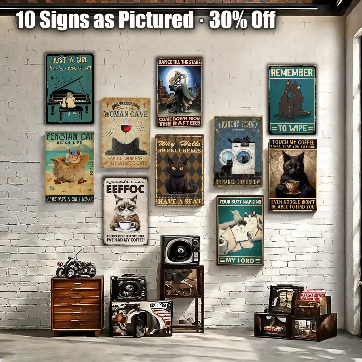 8x12 Cute Cat Metal Sign – Retro Tin Wall Art for Cat Lovers & Kitchens (1/3/6/10 Pieces)| Liberty Signs #ZH2032