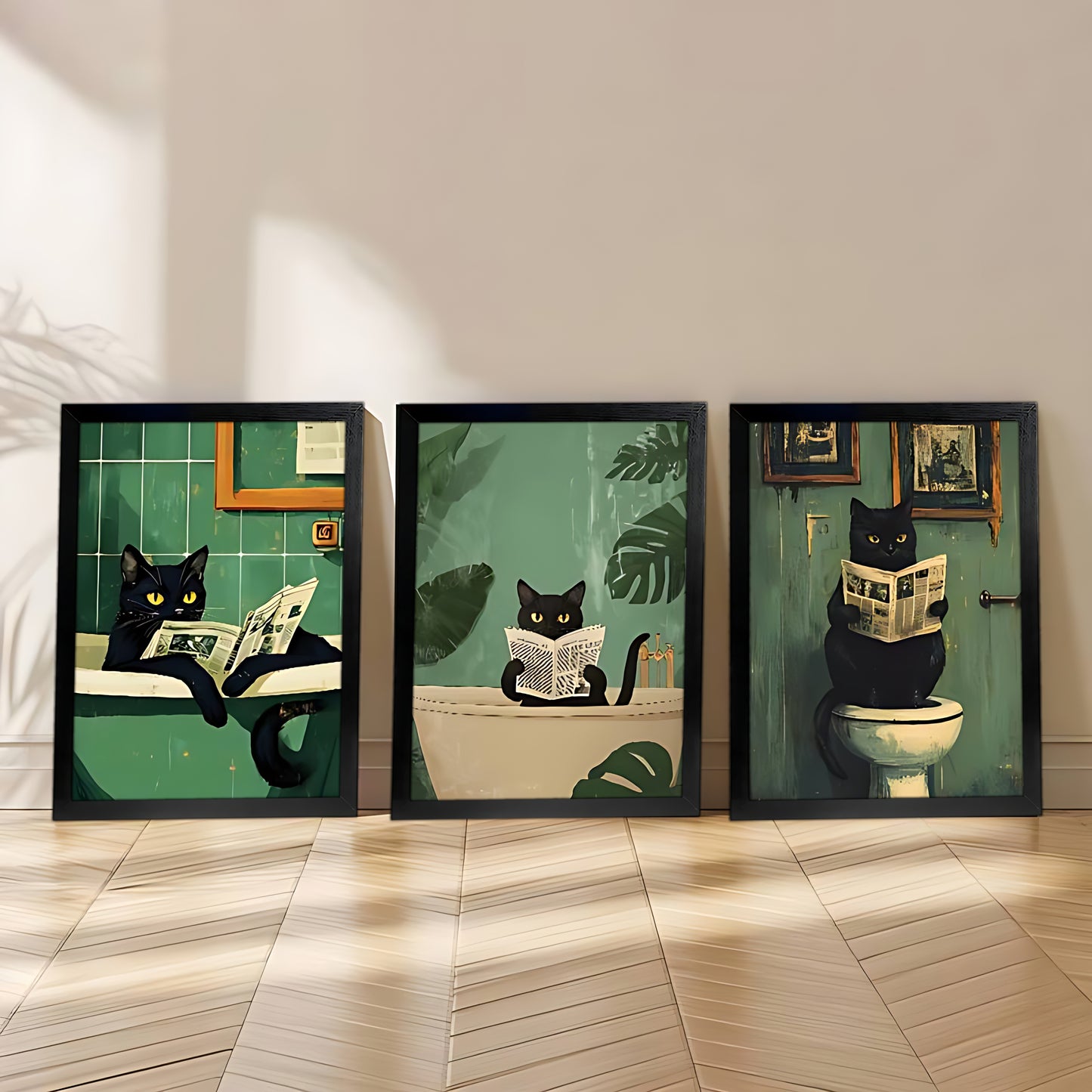 3PC Black Cat Reading Canvas Wall Art – Playful Bathroom Decor | Liberty Signs #ZH2001