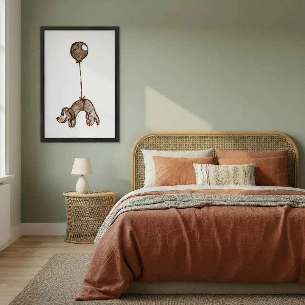Sepia sketch dog balloon wall art in black frame, styled in a warm boho bedroom with sage green walls