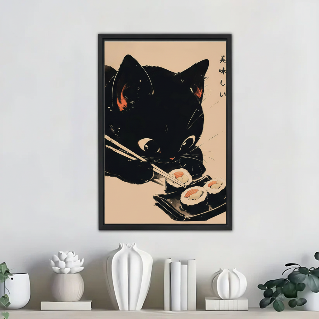 Cat Eating Sushi Canvas Wall Art - Kawaii Kitchen Decor | Liberty Sign ...