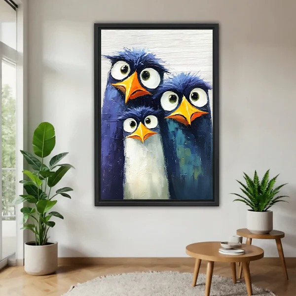 Funny Penguin Trio Oil Painting Black Framed Wall Art Print Living Room