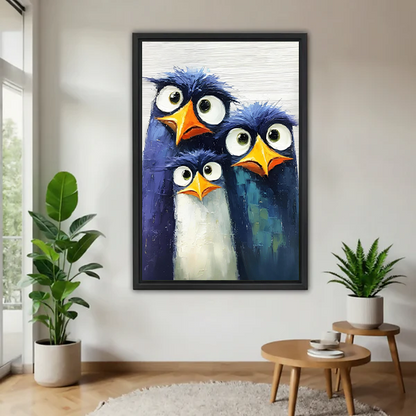 Funny Penguin Trio Oil Painting Black Framed Wall Art Print Living Room