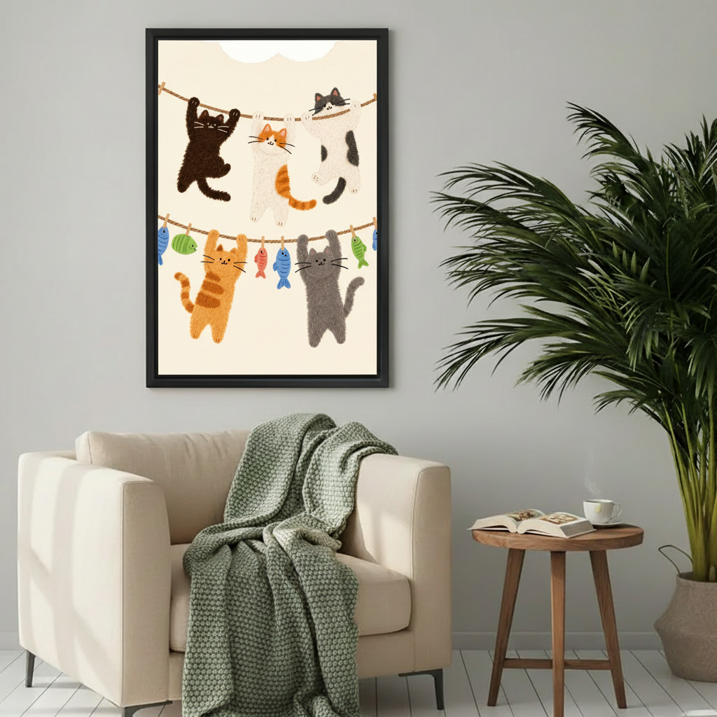 Funny cats on clothesline framed wall art print in elegant home office with marble desk