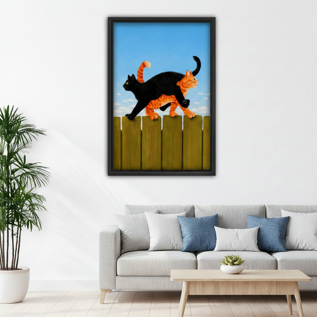 Black and orange tabby cats on fence canvas wall art above sofa in living room, playful colorful cat home decor