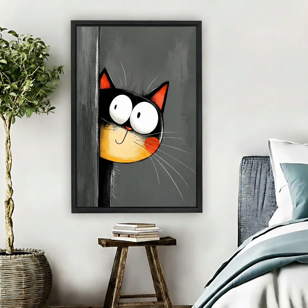 Funny peeking black cat framed canvas wall art, gray background, bedroom decor