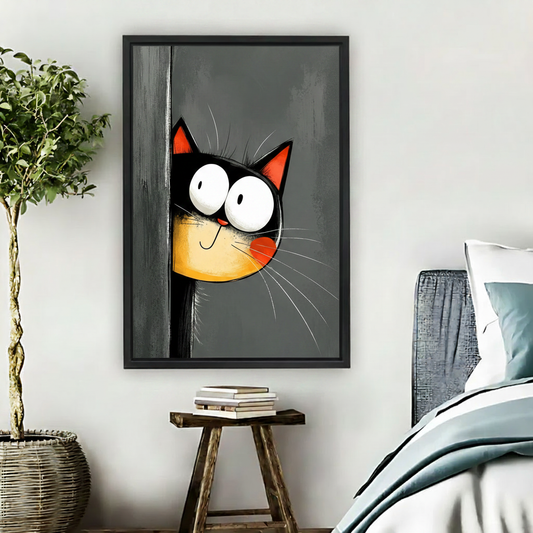 Funny peeking black cat framed canvas wall art, gray background, bedroom decor