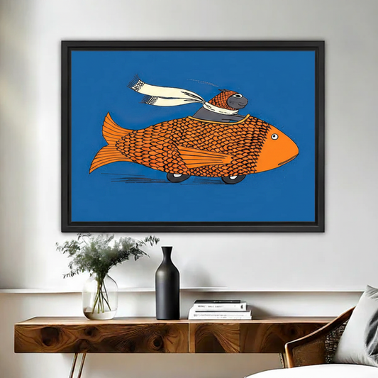 Funny cat riding orange goldfish car whimsical framed canvas wall art blue background