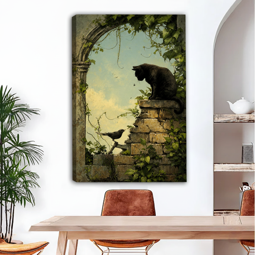 Black cat botanical garden canvas art print frameless gallery wrap displayed in bright living room