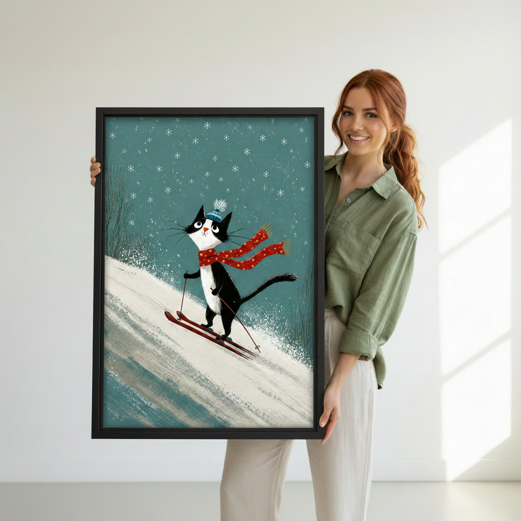 Black framed whimsical skiing cat canvas art held against white studio background