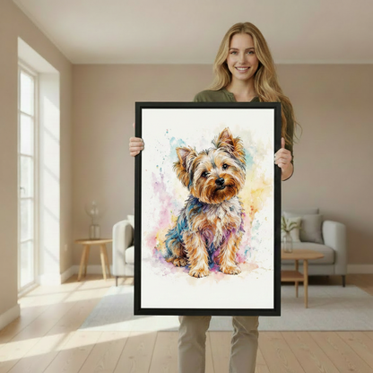 Colorful Yorkie watercolor framed wall art print for home decor