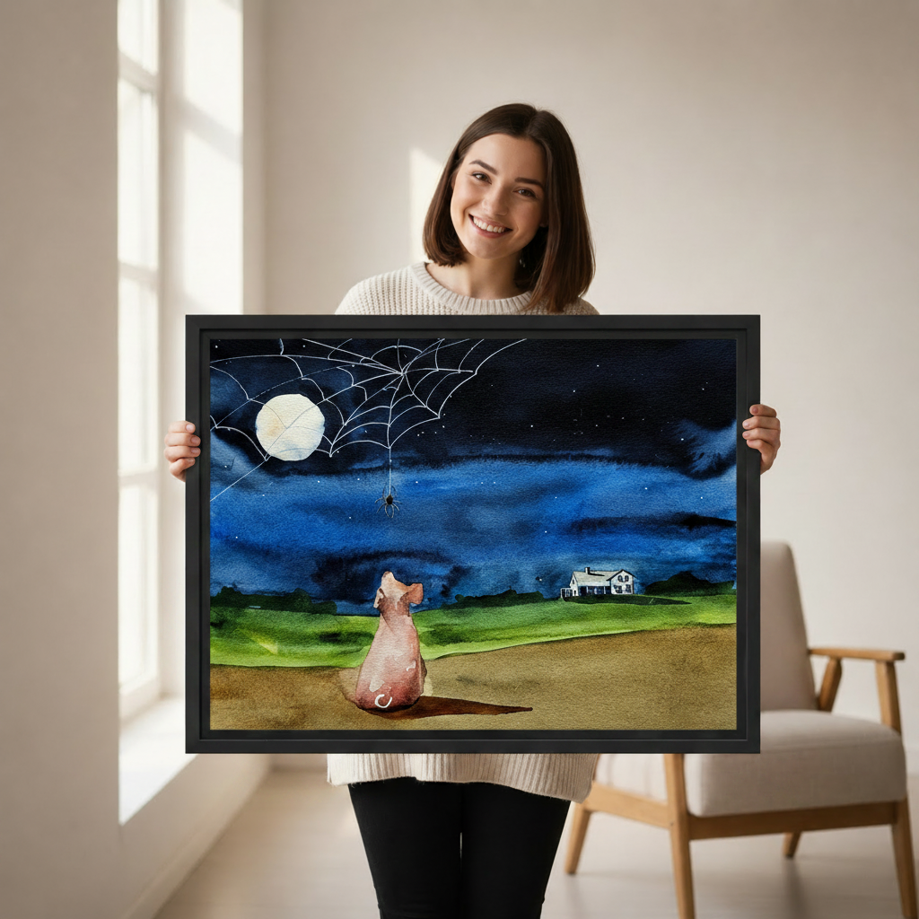 Hand-held watercolor dog night sky canvas print, whimsical moon and spiderweb wall art close-up detail