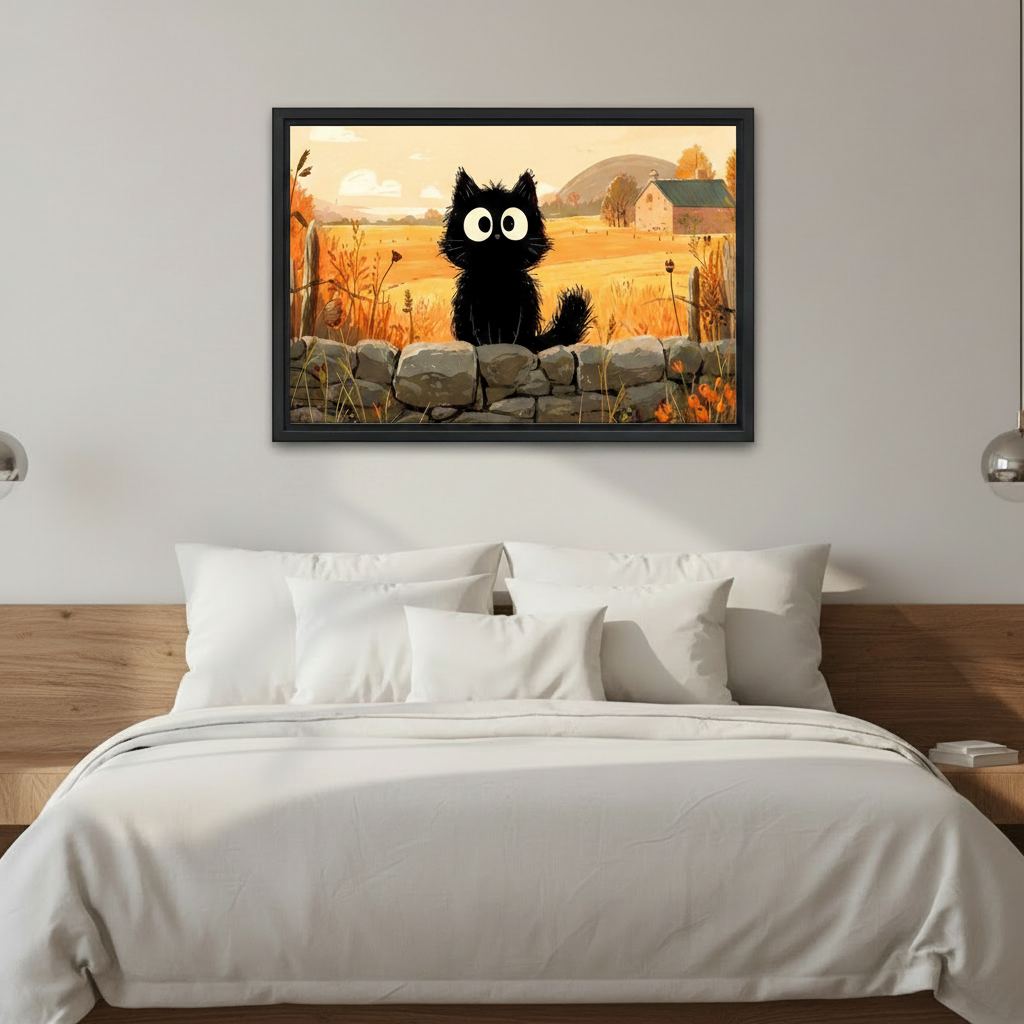 Cute black cat on stone wall golden field canvas print — woman holding framed art in a bright modern interior