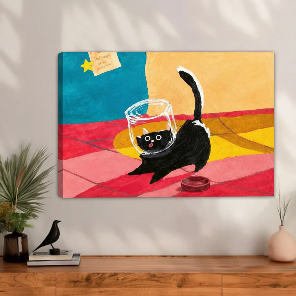 Whimsical cat fishbowl painting on canvas, bold colors, living room wall decor