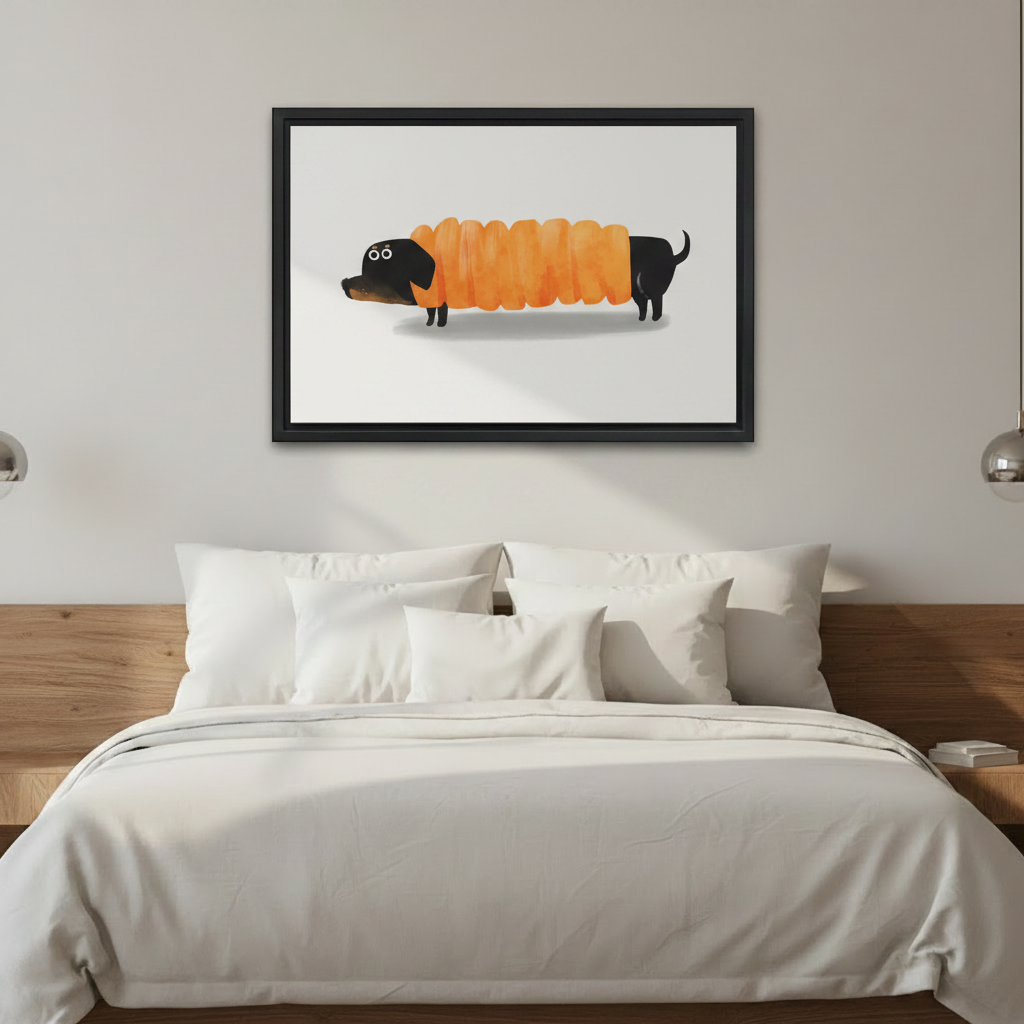 Whimsical dachshund wrapped in bread framed canvas art — funny dog print perfect for dog lover gift and home decor