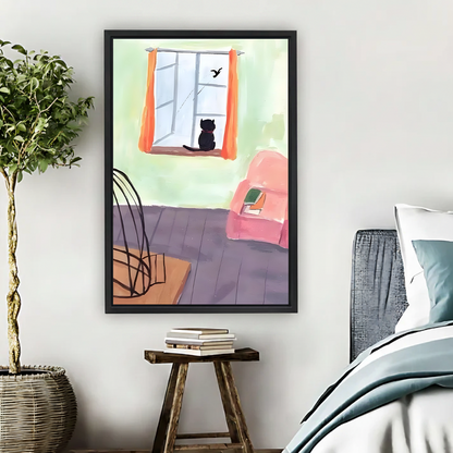 Black cat sitting on windowsill watching bird watercolor illustration framed wall art canvas print above wooden stool in cozy boho bedroom