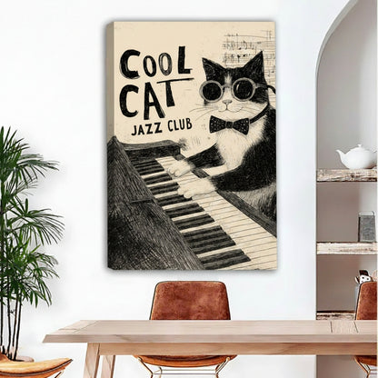 Woman holding Cool Cat Jazz Club retro wall art print, vintage cat piano illustration, perfect music lover gift