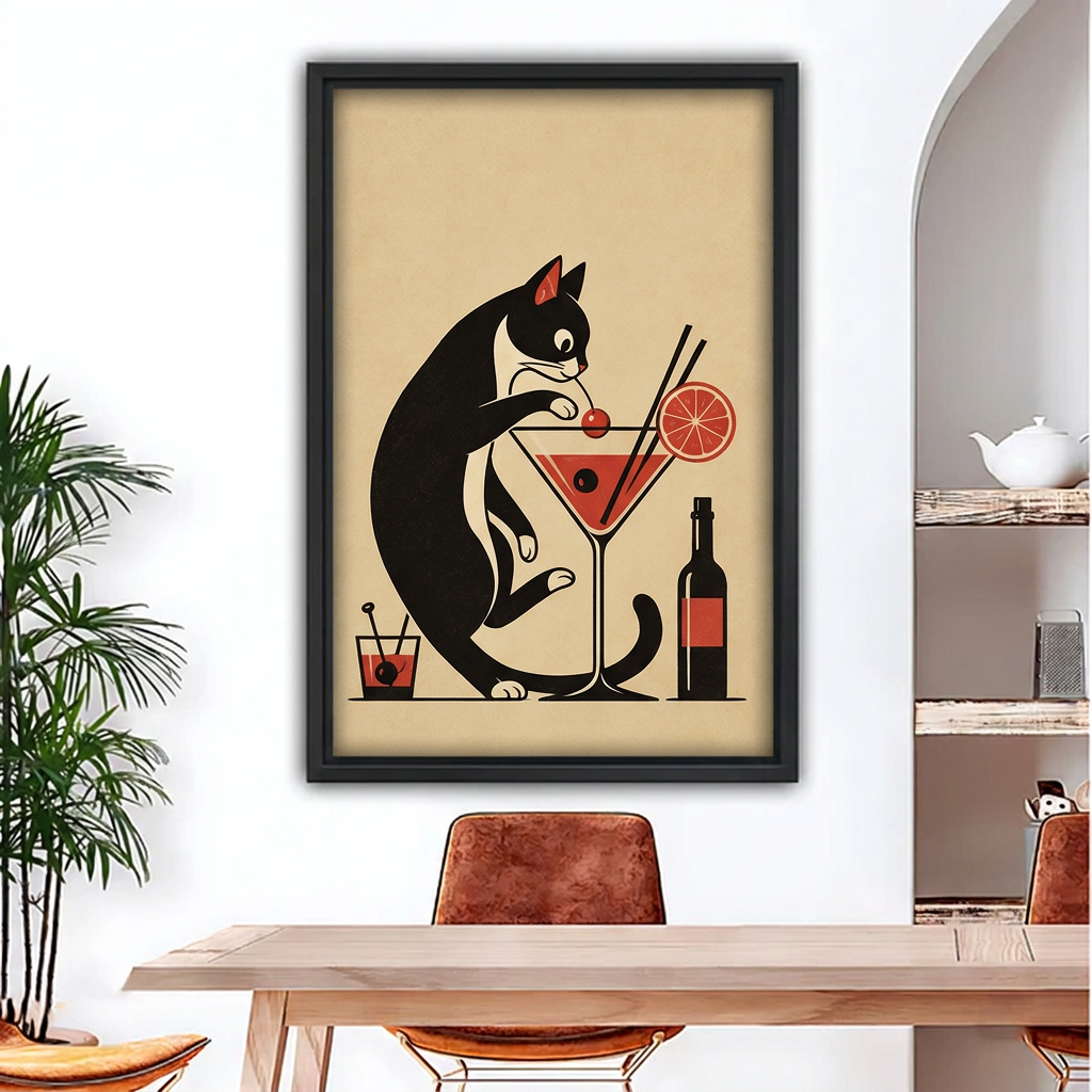 Retro Black Cat Cocktail Canvas Wall Art | Framed & Unframed l4930