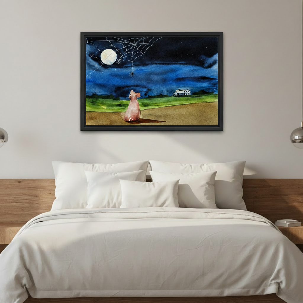 Watercolor dog moon canvas wall art hung above bed in cozy bedroom, whimsical night sky home decor