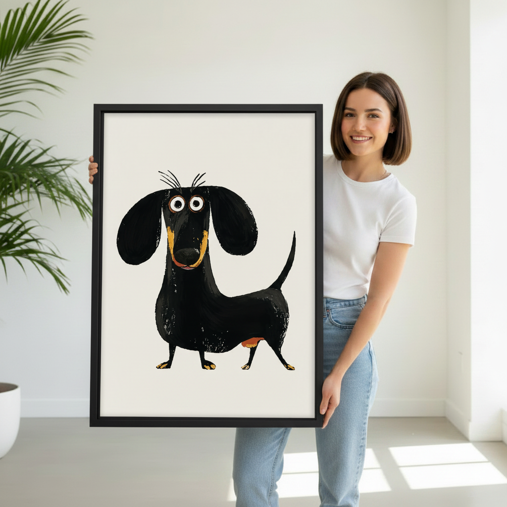 Whimsical dachshund art print displayed in bright modern living room – bold funny dog canvas wall decor