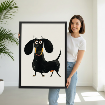 Whimsical dachshund art print displayed in bright modern living room – bold funny dog canvas wall decor
