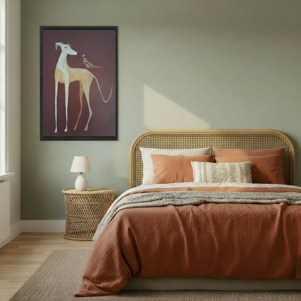 Greyhound bird elegant framed wall art print in modern living room above white sofa — minimalist pet home decor