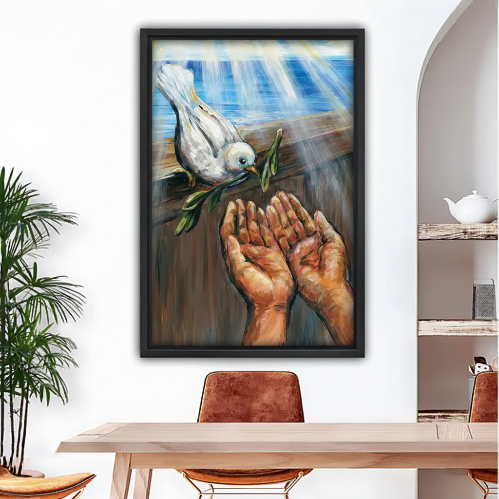 White dove peace oil painting framed wall art print, black frame, dove olive branch open hands, above dining table scene