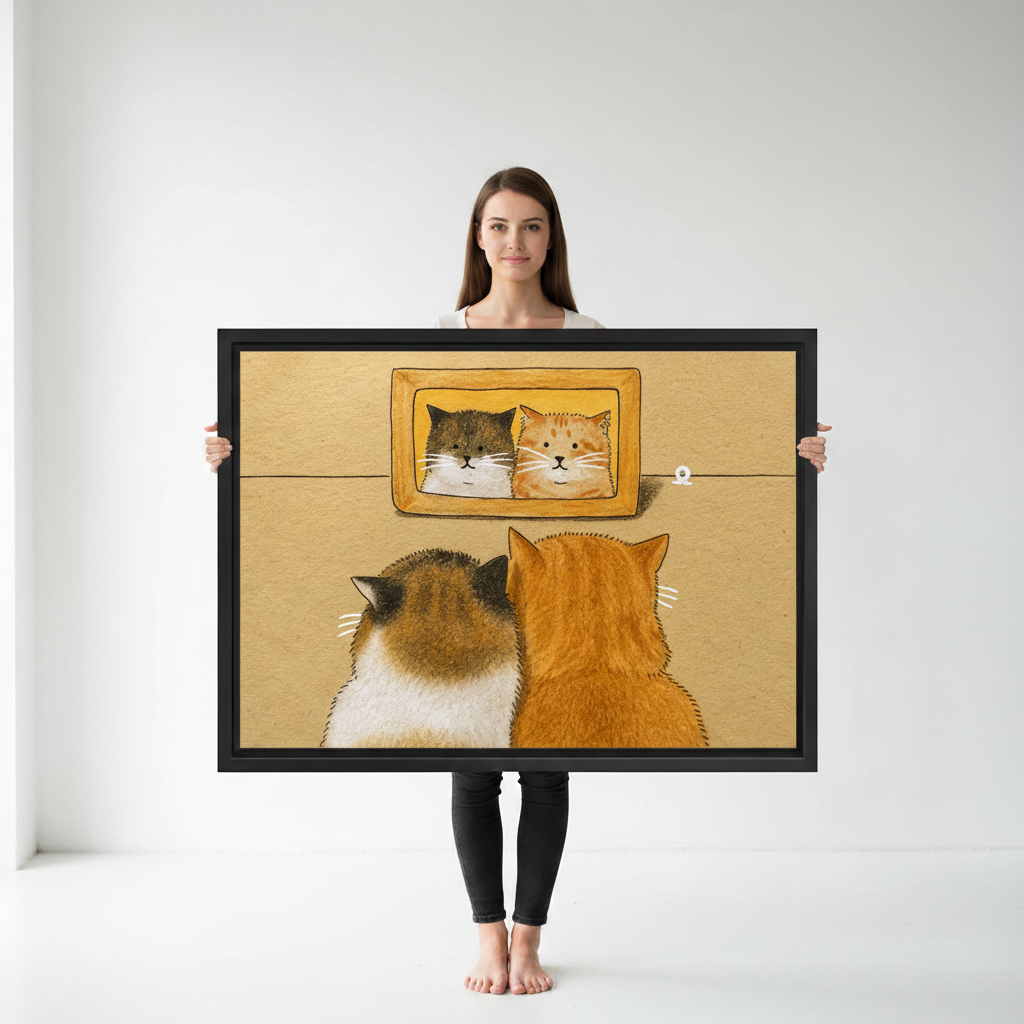 Funny two cats framed art print on white wall, warm toned home decor