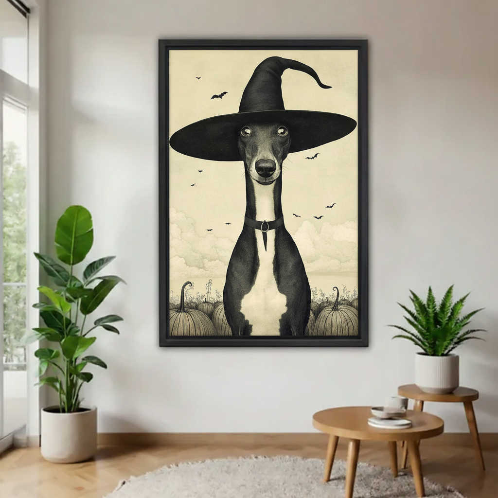 Greyhound witch hat gothic canvas art print no frame gallery wrap — dark fantasy dog wall decor