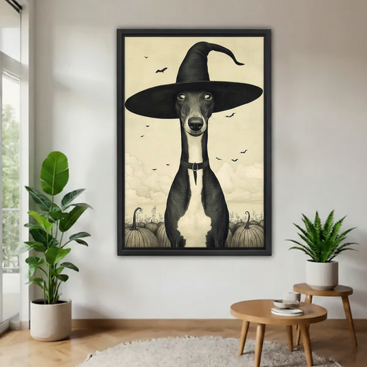 Greyhound witch hat gothic canvas art print no frame gallery wrap — dark fantasy dog wall decor