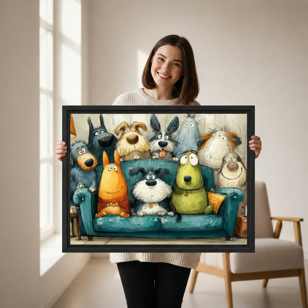 Hand-held funny cartoon dogs on sofa canvas print, whimsical dog lover wall art close-up detail shot