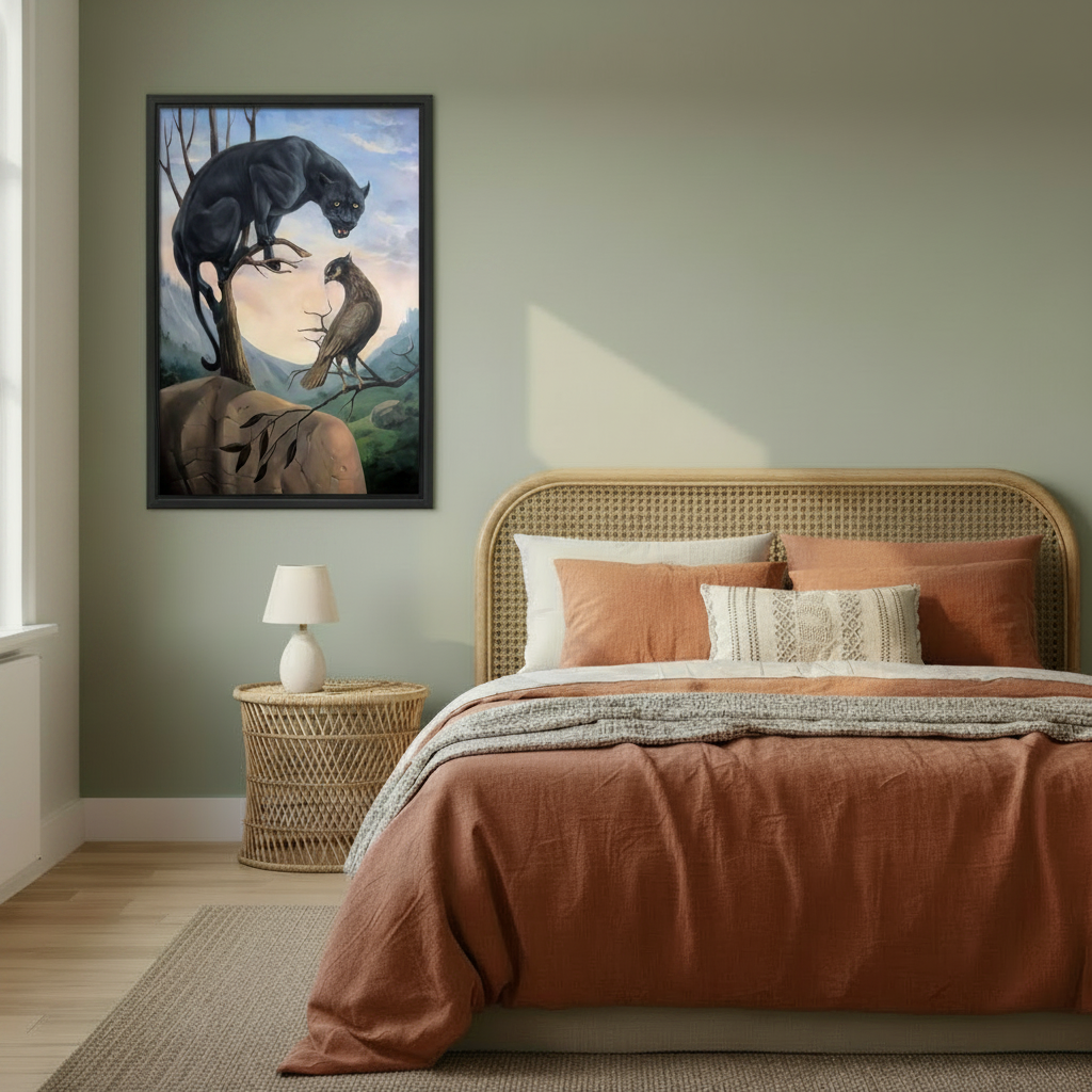 Surrealist black panther illusion canvas wall art in bedroom — bold wildlife hawk painting in black frame above bed, moody wall decor