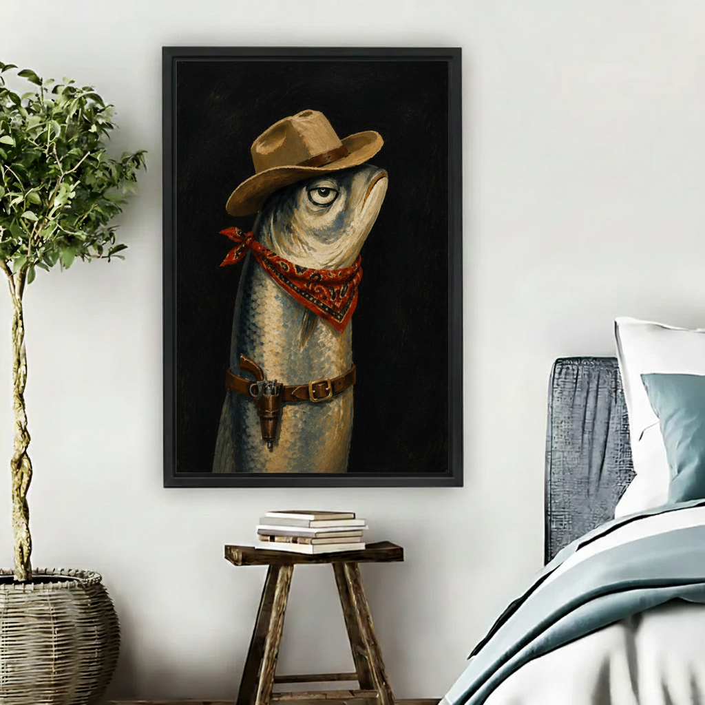Cowboy fish dark oil painting framed canvas wall art above living room sofa