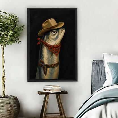 Cowboy fish dark oil painting framed canvas wall art above living room sofa