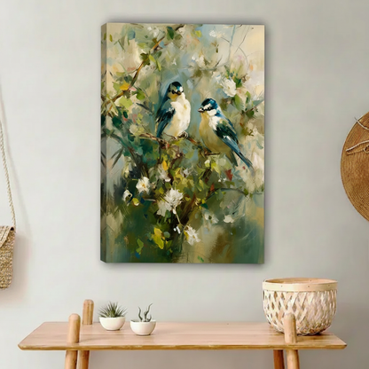Floral bird canvas art print, impressionist painting of two blue tit birds among white blossoms, nature wall decor for living room