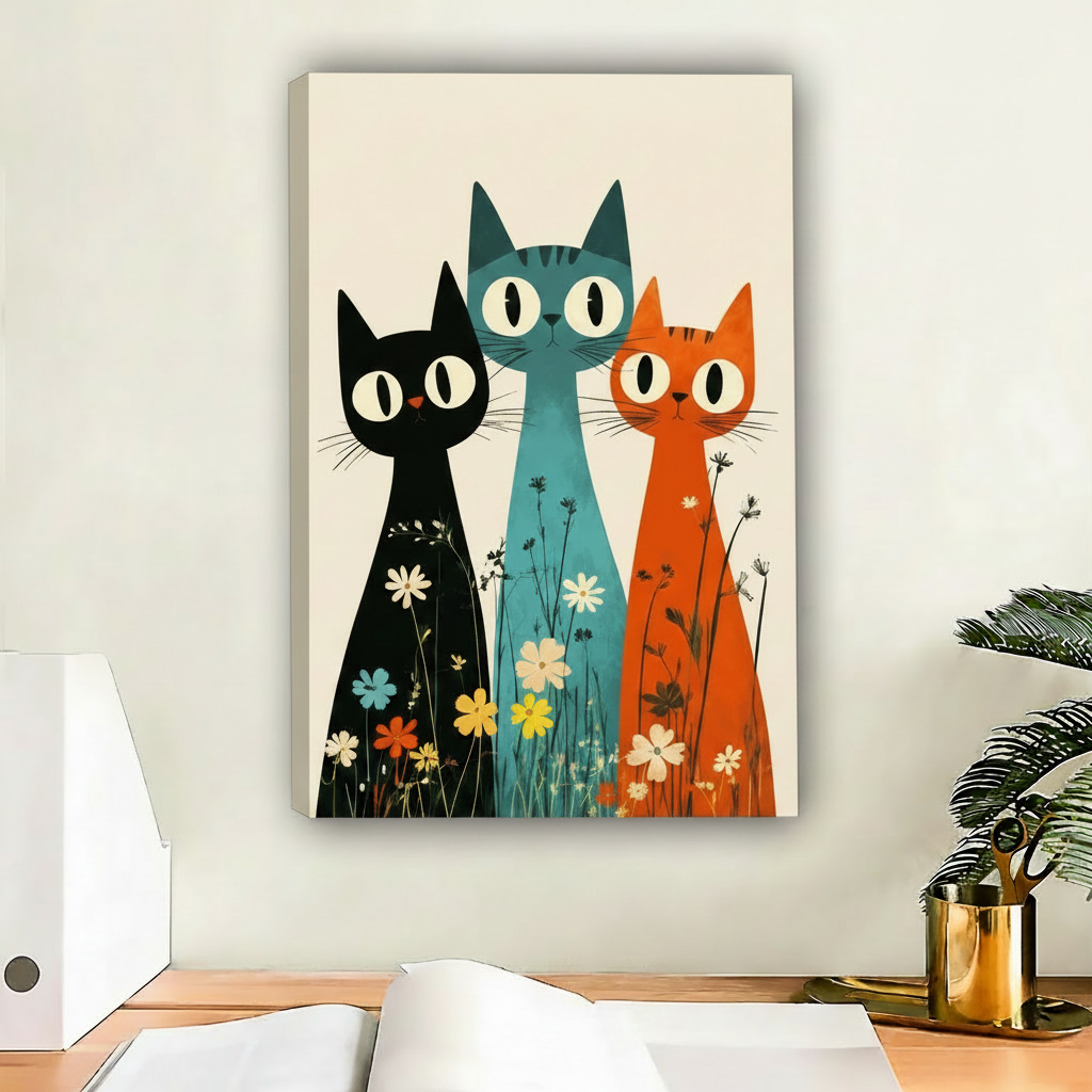Black teal and orange cats standing among wildflowers on cream background – retro illustration canvas art