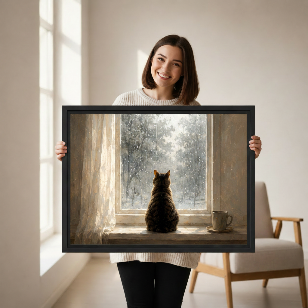 Woman holding cat watching winter snow window framed canvas wall art print
