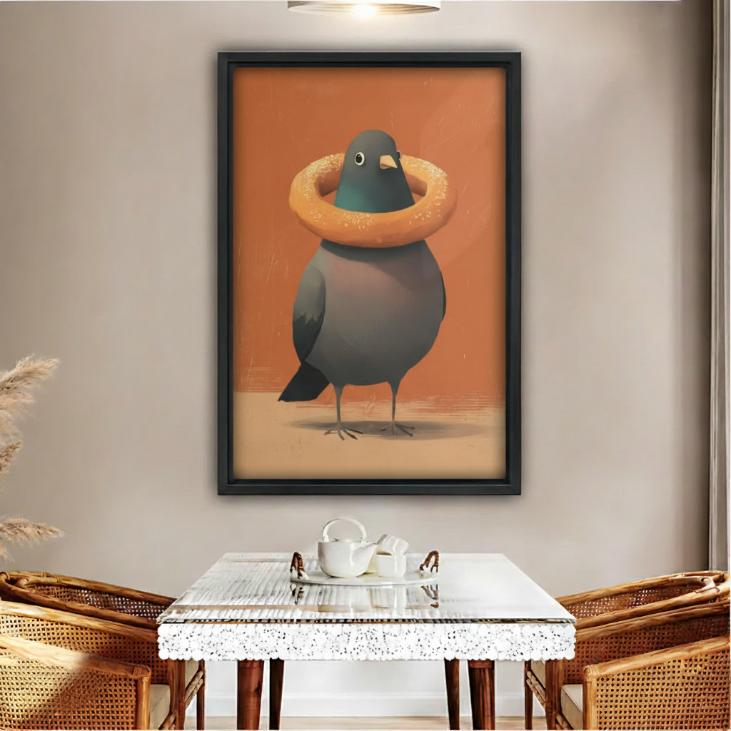Whimsical pigeon bagel framed canvas wall art – vintage oil painting in black frame above rattan dining table