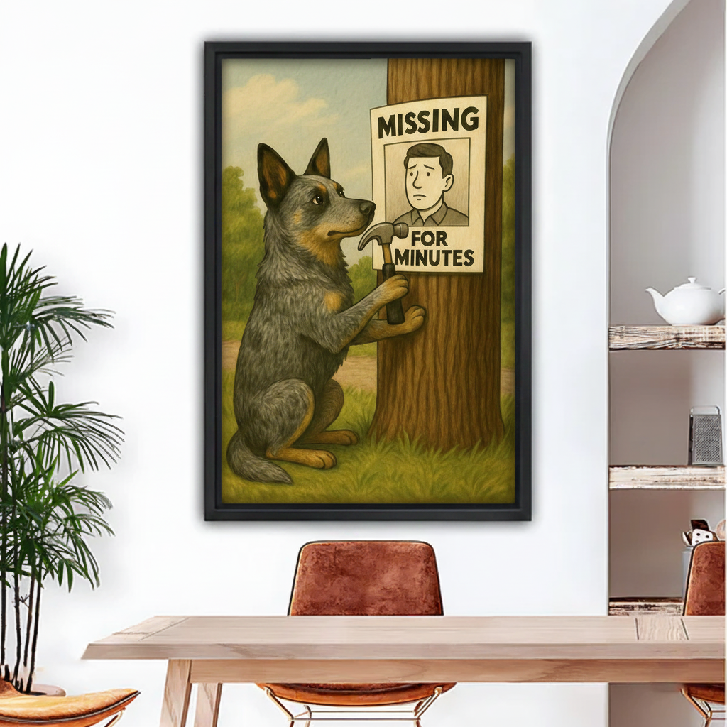 Funny dog missing poster vintage framed canvas wall art hanging above dining table in modern home