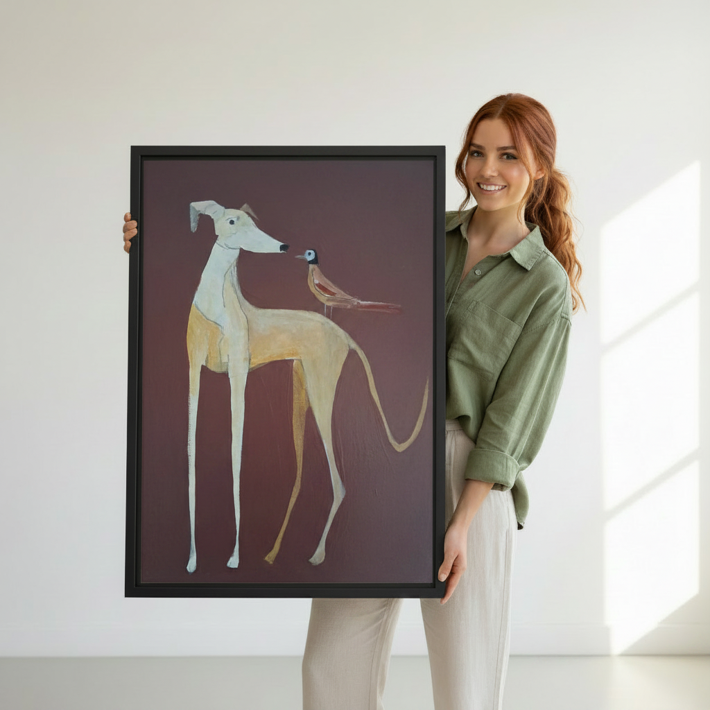 Woman holding greyhound bird elegant minimalist framed art print against white wall — sophisticated dog wall art lifestyle photo