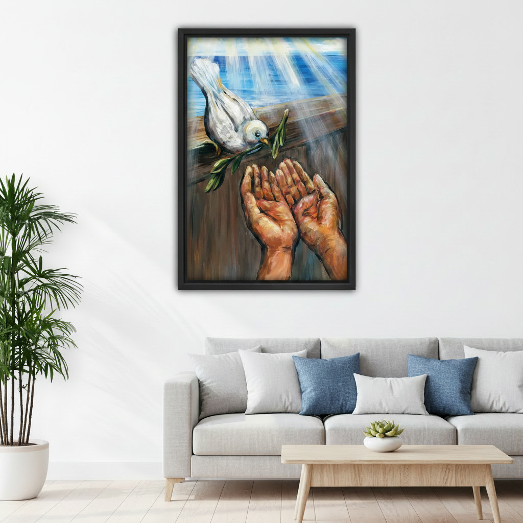 White dove peace spiritual oil painting in black frame, Scandinavian living room sofa wall decor, faith and inspiration art