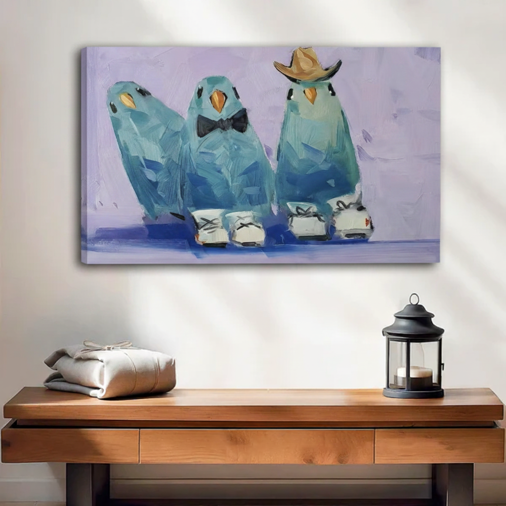 Funny dressed parakeet canvas wall art frameless gallery wrap, whimsical teal bird trio print with visible canvas edges, eclectic home decor