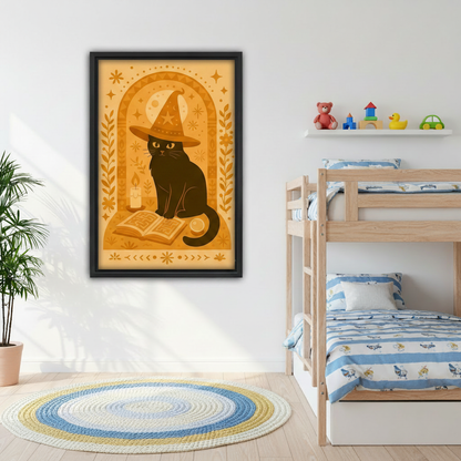 Black cat witch hat magic book canvas print in cozy bedroom, mystical folk art boho wall art for witchy home decor