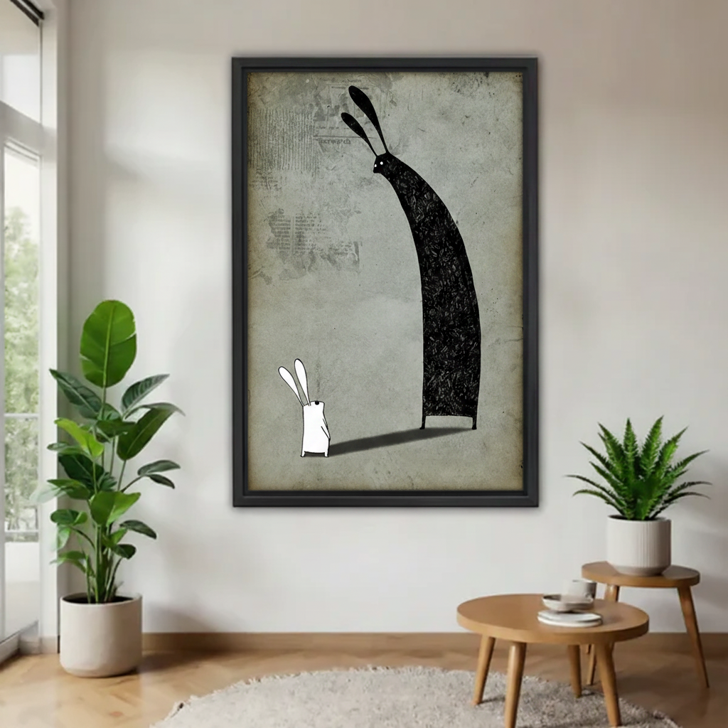 White rabbit and giant shadow surreal framed canvas wall art — black and white philosophical illustration, black frame display