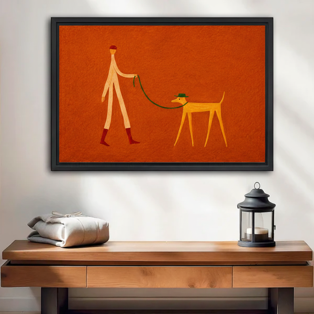 Walk the Dog Minimalist Folk Art Canvas Wall Art — black framed print displayed on a living room wall