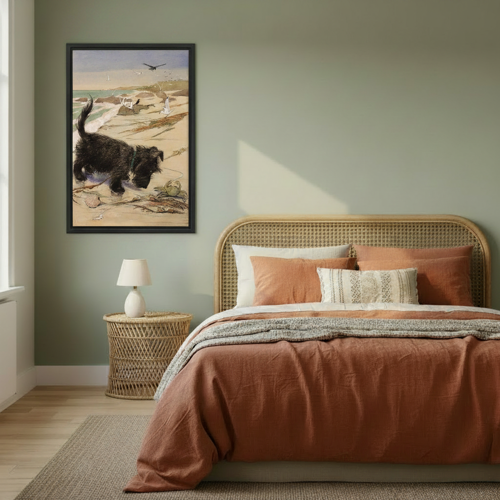 Framed vintage Scottie dog beach canvas art displayed above bed in cozy bedroom — coastal dog wall decor