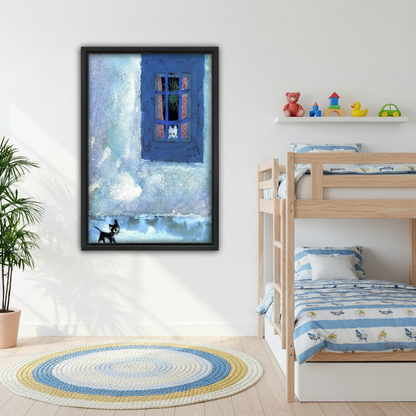 Black white cats window impressionist oil painting in black frame, cozy living room sofa wall decor, blue Mediterranean cat art