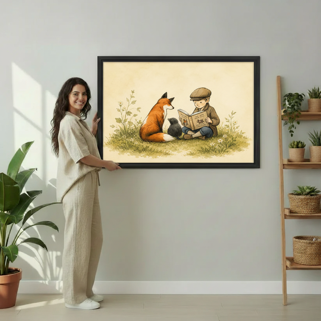 Framed watercolor fox and boy illustration print on dark green wall – nature-inspired wall art