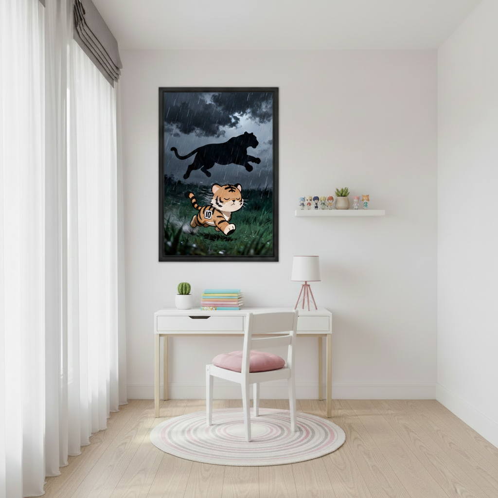Motivational tiger wall art in black frame displayed in modern living room decor