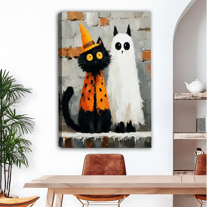 Halloween cat ghost painting gallery wrap canvas wall art, frameless, modern dining room decor